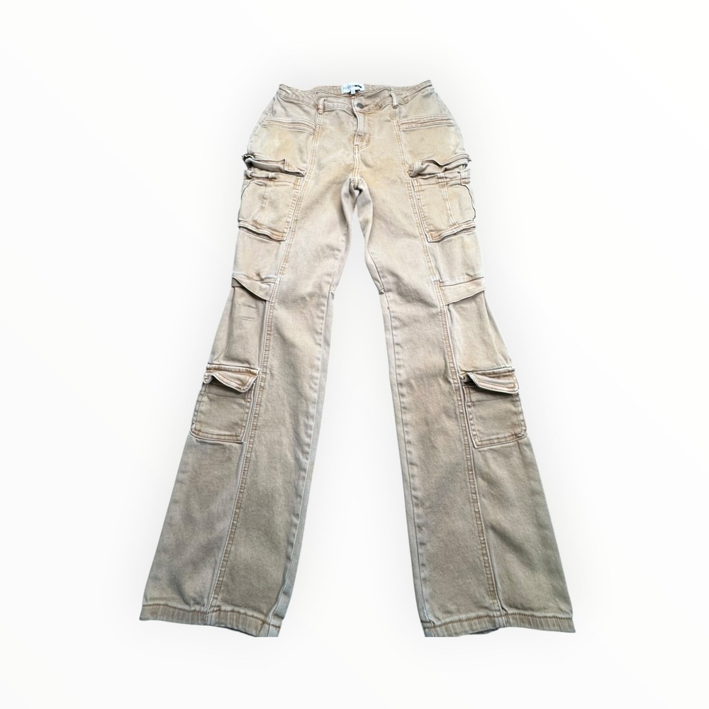 Fashion Nova Cargo Pants Womens 14 Tan Sand Wash Flare Leg Utility Multi Pocket